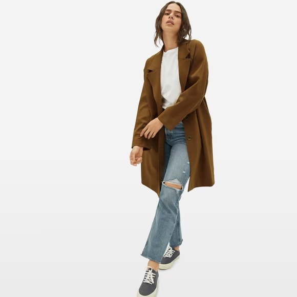 EVERLANE The Dream Coat Long Copper Brown Long Sleeve Button Front Pocket XS NEW